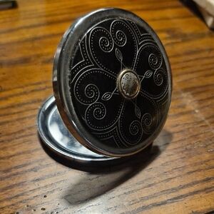 Brighton Vintage Silver Metal Compact Mirror With Black Acryic Inlaid Design